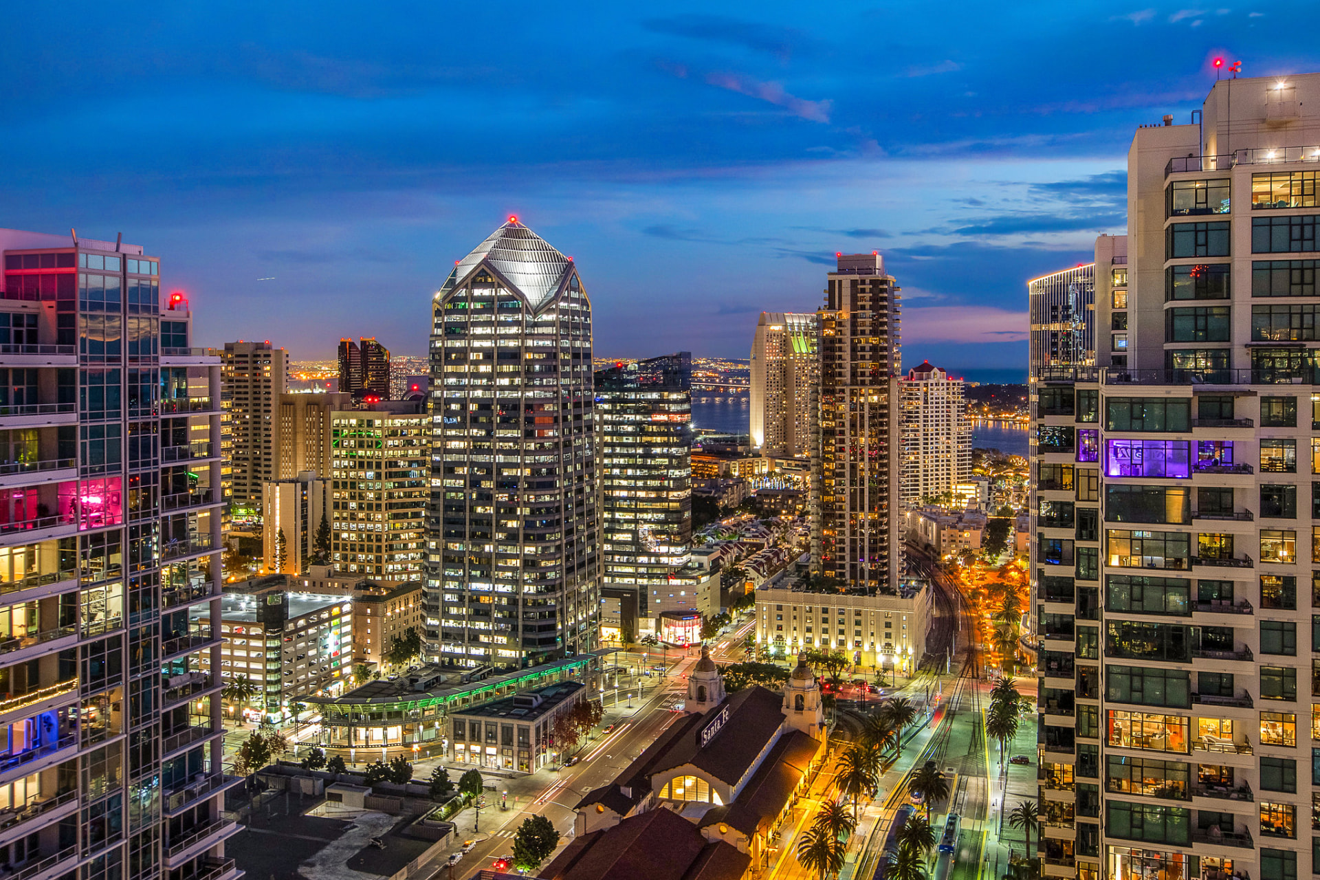Downtown skyline glowing at dusk