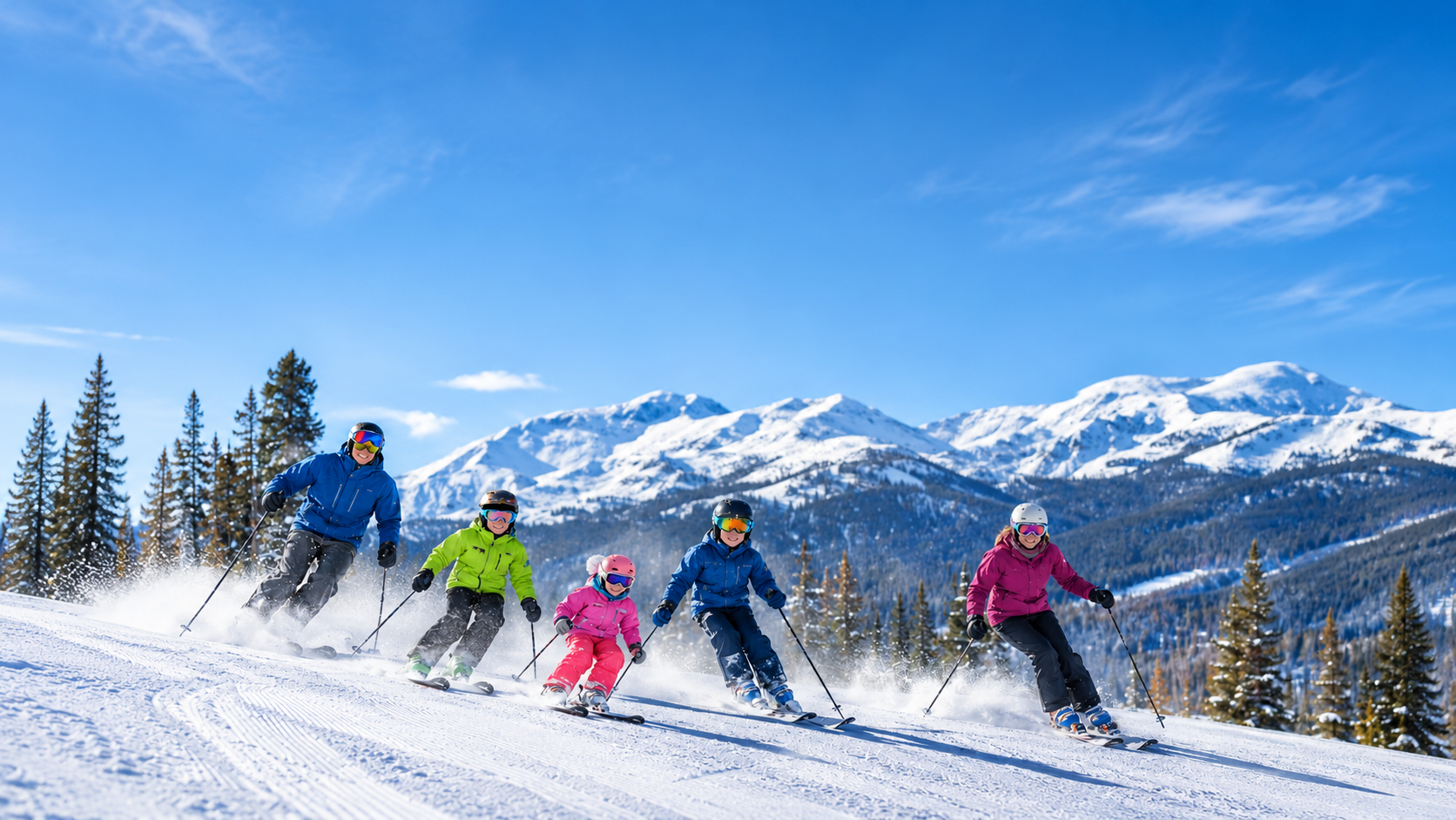 Family skiing together on a sunny Colorado mountain