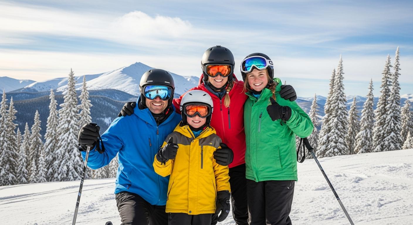 Family of four in colorful ski gear smiling on a snowy Colorado summit