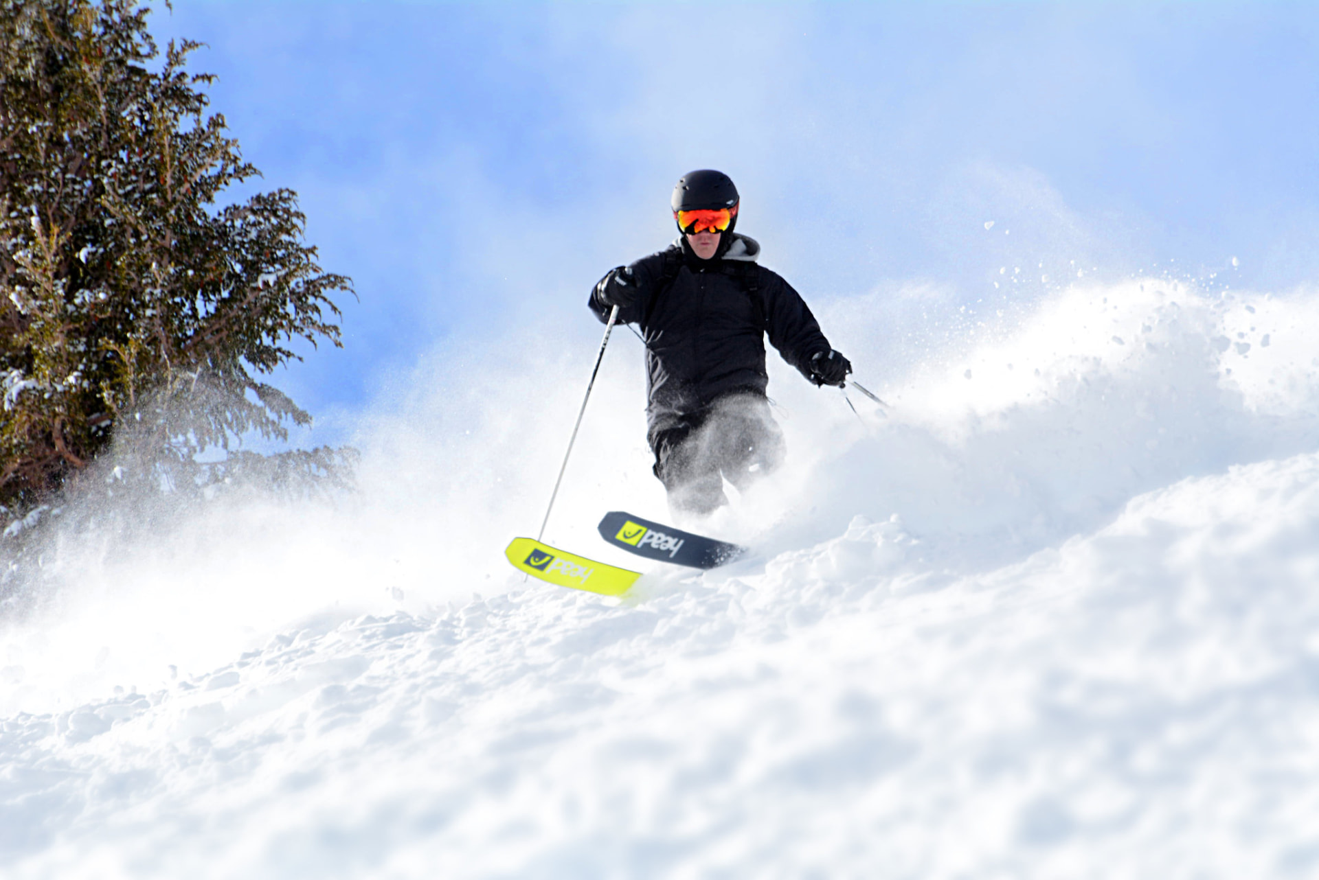 Skier spraying powder on a sunny descent