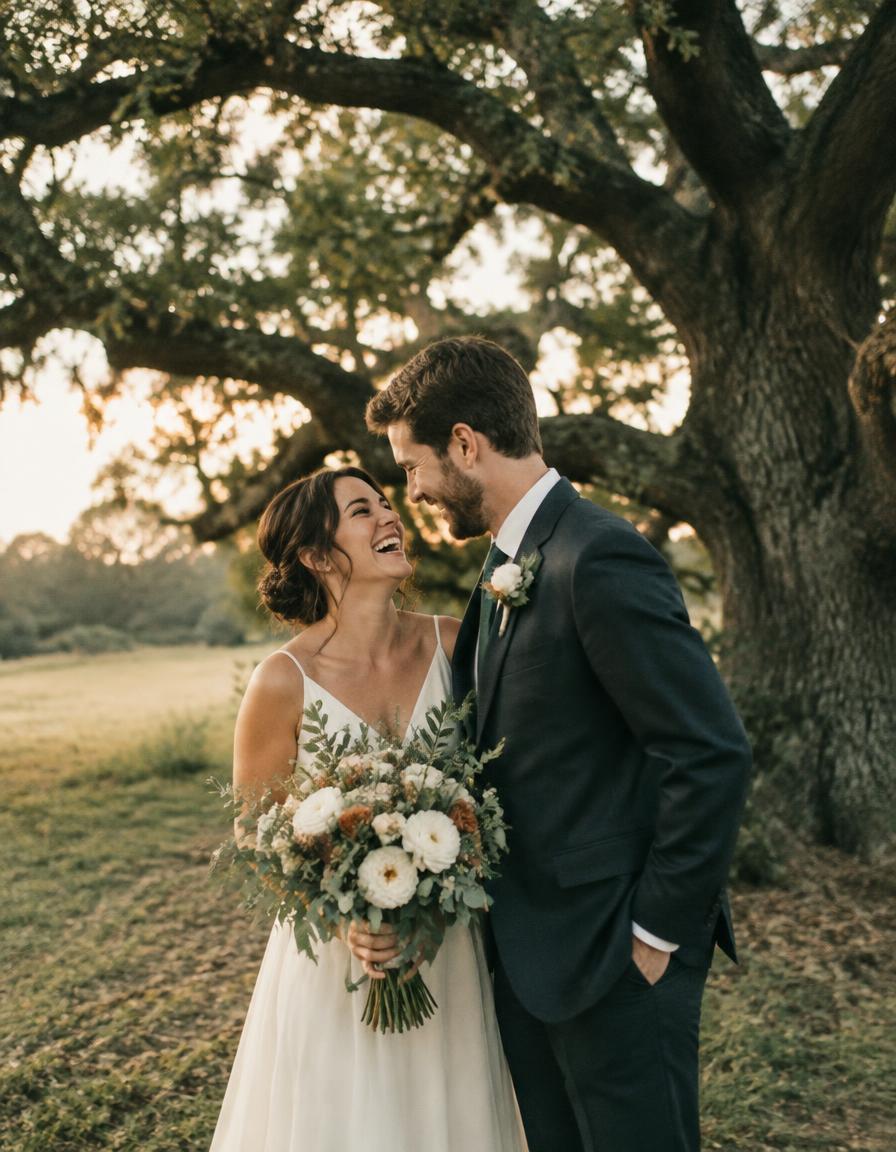 Engaged couple laughing beneath an oak tree