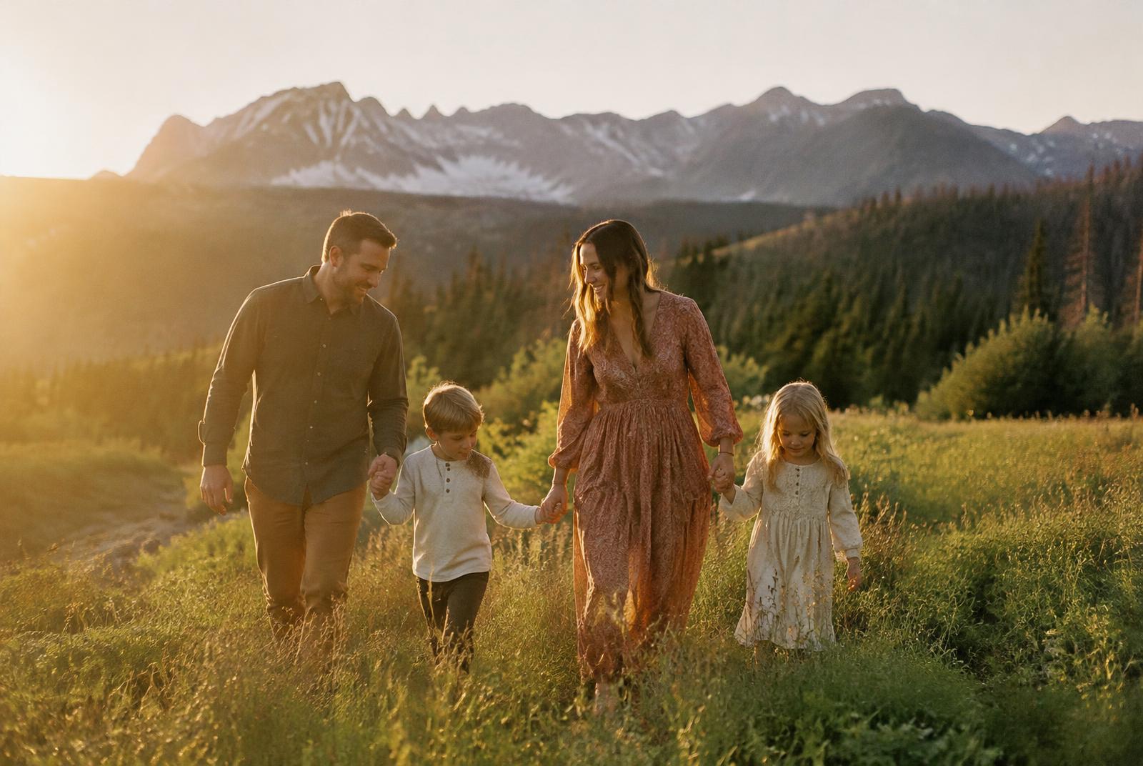Family walking in a mountain meadow