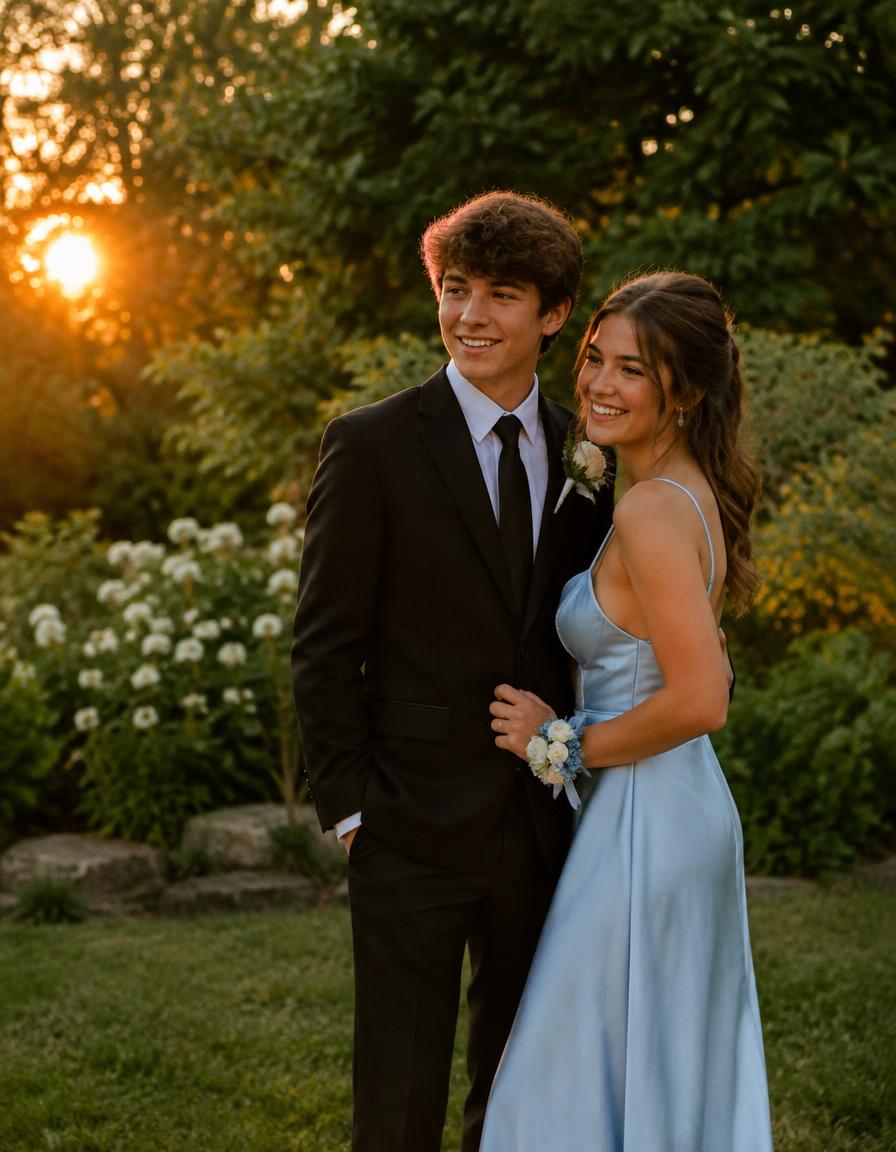Teen couple dressed for prom at sunset