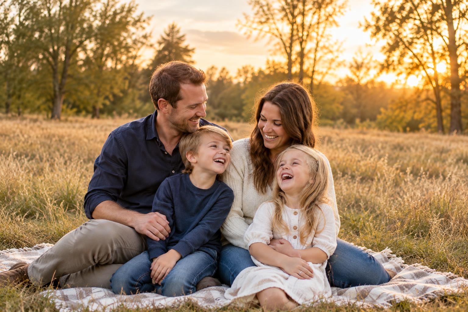 A family laughing together on a blanket in a golden-hour meadow